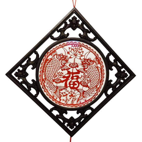 Asian Two Side Porcelain Plate Carved Brown Frame Red Tassel Wall Decor 32in - Picture 2 of 5